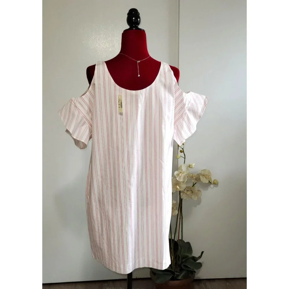 NWT Madewell Rose Stripe Bell Sleeves Cold-Shoulder Dress Size L 1046 - Picture 5 of 10